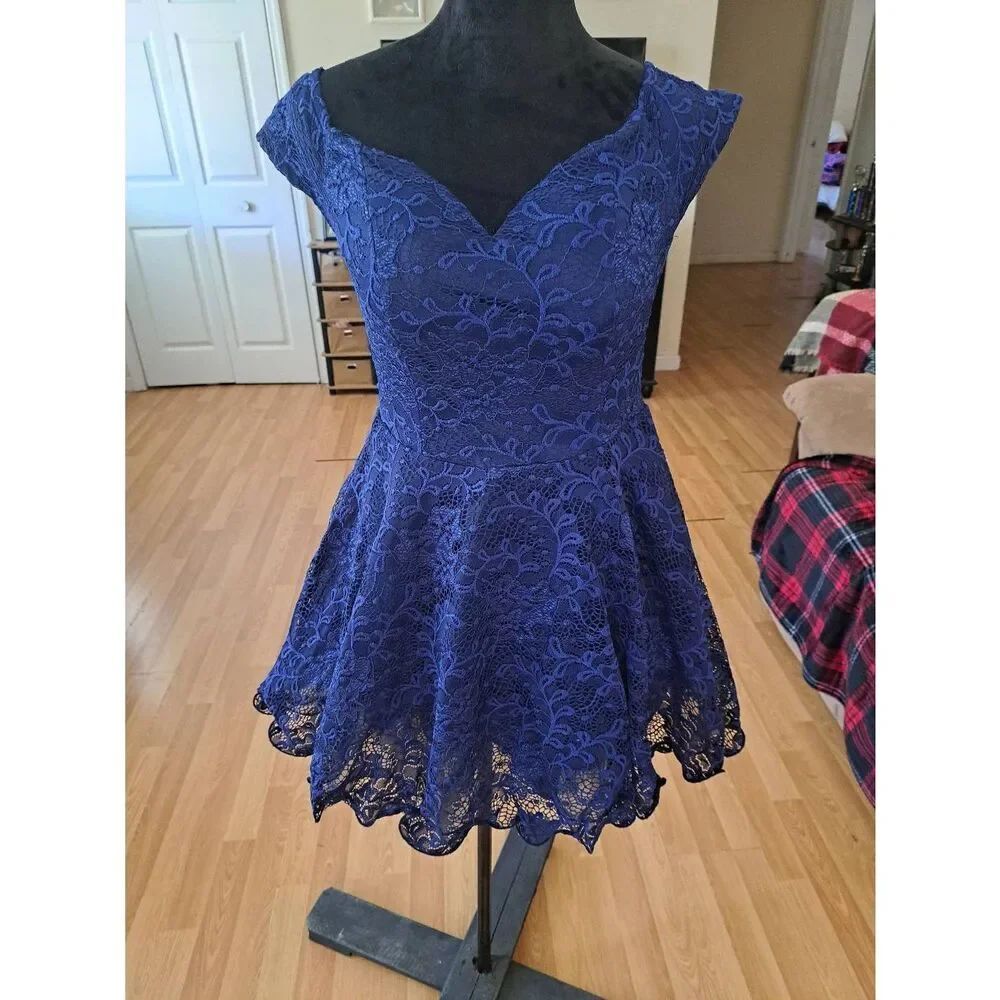 LargeâWindsor Blue Sweatheart Neck Lace Semi Formal Mini Dress Prom Wedding Part